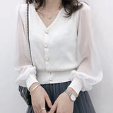 size Women's Spring Autumn Style Chiffon Blouses Shirt Women's Knitted Button Long Sleeve Solid Color Lace Patchwork