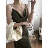 2022 Summer Vintage Women Satin Slip Dress with Slit Black Spaghetti Strap Silk Sexy Long Party