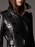 Autumn Long Black Crocodile Pattern Pu Leather Trench Coat for Women Belt Double Breasted Stylish British Style