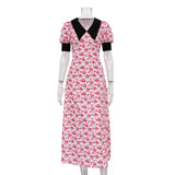Zingj Women's Summer New Contrast Color Splicing Short-Sleeved Doll Collar Print Dress Dress-Outfit