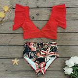 Broken Flower Vintage High Waist Bikini 2025 New Sexy Leaf Side Vest Deep V