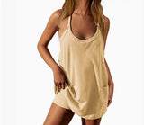Summer Solid Sleeveless Dress Fine Shoulder Strap Vest Skirt Sports Skirt
