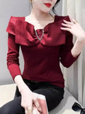 Autumn Cotton T-shirt Women's Beading Bowknot Slash Collor TShirts Female Fashion Slim Top