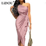 Neck Ruched Irregular Lacing Solid Satin Robe Dress Sexy Sleeveless Slit Midi Dresses Evening Party Vestidos Women