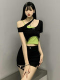 Patchwork Black Green T Shirt Women Short Sleeve Two Piece Set Ladies Tops Streetwear Crop Top Tee Shirt Femme