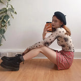 Moon Printed Transparent Mesh Sexy T-Shirt Women O-Neck Long Sleeve Slim Basic Casual Female Tops 2021 Spring