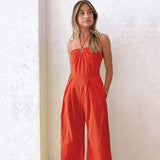 Women Outfits Summer Solid Orange Halter Neck Off Shoulder Jumpsuits Romper Sexy Cotton Linen Tunics High Waist