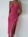 Elegant Inclined Shoulder High Split Midi Dress For Women Gown Summer Backless Sleeveless Bodycon Long Dress