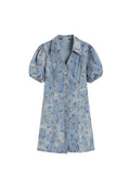 Women's Denim Dress Female Puff Sleeve Floral Print Dress Summer Korean Elegant Tunic High Waist A-line Mid Long