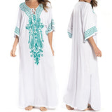 Indie Folk Lace Up V-Neck Batwing Sleeve Summer Beach Dress Tunic Women Beachwear kaftan Maxi Dress Robe Sarong
