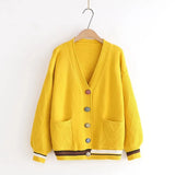 Cardigan Knitted Sweater Women Fashion Lazy Wind Loose Striped Pockets V-neck Long-sleeved Sweater Female