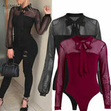 Bodysuits Long Sleeve Elegant O Neck Solid Lace Up Slim Skinny Ladies Sexy Club Party Fashion Leotard Rompers womens