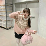 Pink Jacquard Bow Knitted Cardigan- Outfit