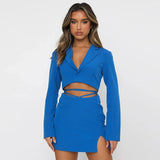 Autumn Two Piece Dress Sets Womens Solid Office Ladies Outfits Notched Single Button Blazer Bandage Bodycon Skirts