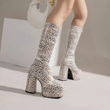 Fashion Women Knee High Boots Flock Platform Chunky High Heel Punk Boots Square Toe Zipper Autumn Winter Ladies