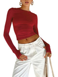 Women T-shirt Long Sleeve Crew Neck Solid Slim Fit Ladies Crop Top with Thumb Holes for Daily Streetwear Summer