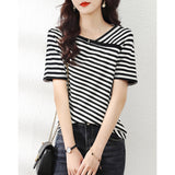Thin Style 2025 New Retro-Collending V-Neck Striped Knitted Shirt Short-Sleeved T-Shirt Top For Women's