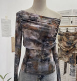 Vintage Tie-Dye-Print Mesh Folded Long-Sleeved T-Shirt With A Word-Collar Slanted Shoulder-To-Back Short Top