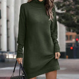 Women Straight Knitted Dresses Fashion Autumn Winter Loose Party Sweater Dresses Chic Long Sleeve High Collar Mini