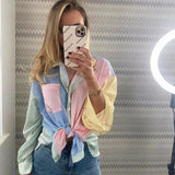 Patchwork Striped Color-Block Women Shirt 2021 New Spring Summer Elegant Pocket Single Breasted Lapel All-Match