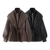 Summer New Fashion Temperament Fake Two Long Lantern Sleeve PU Leather Coat