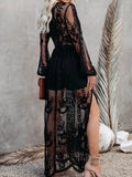 Lace Dress Long Women Bohemian Embroidered Maxi Dress Female V Neck Hollow Out White Casual Holiday Beach Dress