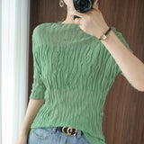 New Cotton T-shirt Women's Half Turtleneck Pleated Round Neck Knitted Short-sleeved Slim Fashion All-match Bottoming