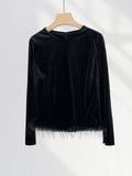 Zingj Pull Full Feather Decorative Atmosphere Top Early Spring New Black Velvet French Long-Sleeve
