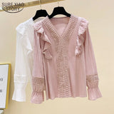 V-neck Women's Shirts Loose Vintage Long Sleeve Sweet Woman's Blouse Lace Stitching Flare Sleeve Solid Blouse Women
