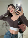 Sexy T-shirt Women Patchwork Deep V Neck Crop Tops Y2k Grunge Tops Long Sleeve Shirt Women Tee Shirt E Girls