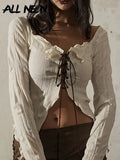 Fairy Grunge Aesthetics Lace Up Front White Crop Tops Y2K Vintage Textured Lettuce Trim Slit Hem Long Sleeve