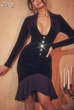 High Quality Velvet Vintage Purple Midi Dresses for Women Elegant Nightclub Party Outfits Long Sleeve