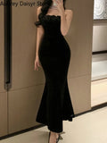 Black Velvet Floral Long Dress Women Vintage Spaghetti Strap Sleeveless Dress Fashion Casual Sexy Evening Party Dress