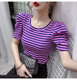 Summer Girls O-neck T-shirts Tops Woman Slim Short Puff Sleeve Vintage Striped T-shirt Tee