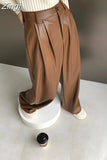 Spring Autumn Loose Casual Flowy Soft Black Brown Pu Leather Wide Leg Pants for Women High Waist Emo Korean Fashion
