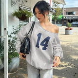 Number Printed One Shoulder Loose Sweatshirt- Outfit