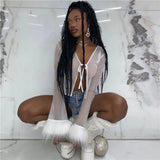 Autumn Mesh See Through White Women Long Sleeve T Shirts Sexy With Feathers 2022 Tie Up Street Tees Party Crop Top