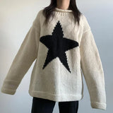 Zingj And Winter Five-Pointed Star Contrast Color Sweater Female Y2K Round Collar Loose Knit Top Female