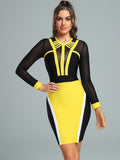 Bandage Dress Party Wear Dresses for Women Bodycon Elegant Yellow Mesh Insert Long Sleeve Christmas Birthday Club