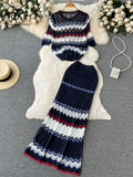 New Summer Beach Knitted Two Pieces Suits Loose T Shirt+Long Skirt Sets High Street Elastic Waist Striped Casual