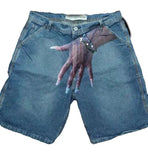 New Hip-Hop Funny One-Hand Pattern Printed Denim Shorts Men's High Street Fashion And