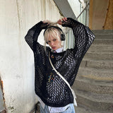 Zingj Smock Hollow Out Long Sleeve Knit Sweater Female Pure Color Versatile Loose Lazy Lazy Wind