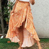 Long Floral Print Bandage Skirt Yellow Lady Summer Maxi Split Beach Spring Casual Elegant Ruffle Women Sexy Boho Red