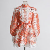 Spring 2025 Small Fashion Temperament Round Tie Collar To Collect Waist Thin Design Lantern Sleeve Short Dress