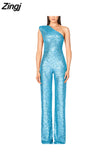 Women Elegant Long Jumpsuits Slanted Collar Party 2023 Sexy Glitter Sequin Club Playsuits Fashion Backless Solid