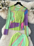 Women Painting Mesh Suits Long Sleeves Tops+High Waist Bodycon Skirt Fashion Streetwear Vintage Skinny Two Pieces