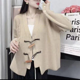 Zingj Style Lazy Wind Wooden Buckle Heavy Handmade Korean Version Large Size Knit Cardigan Female Loose Tassel Sweater Female Coat Tide-Outfit