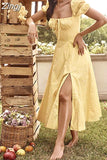 Floral Print Summer Dress Women Puff Sleeve Square Collar Elegant Split Sexy Cotton Long Party Dress Casual Boho Beach