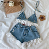Sweet Lolita Style Denim Shorts Sets Girls Sexy Lace Bandage Camisole Crop Tops Ruffles Jeans Short Pants Women 2PC