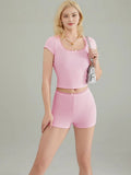 Lace Splicing Home Two-Piece Set Of Body-Repair Collar Knitting Short Suit Women's Multi-Color Leisure